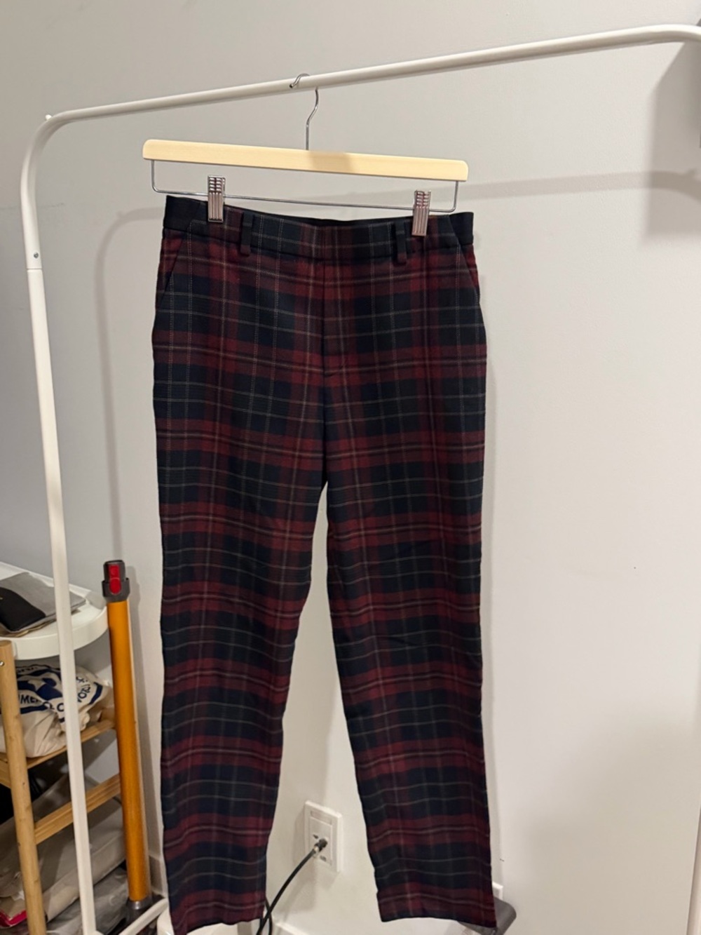 Uniqlo Men's Burgundy and Black Plaid Dress Pants